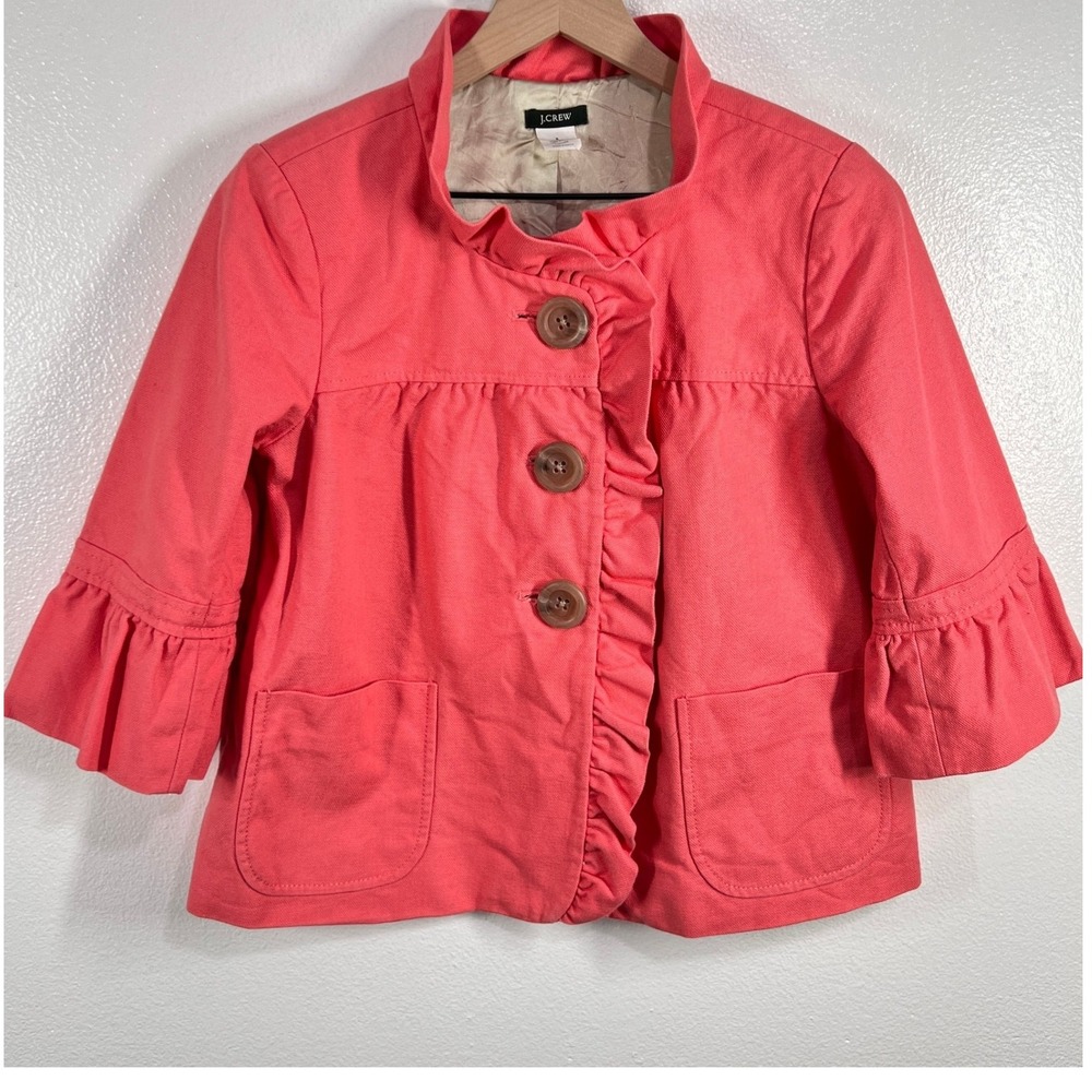 J.Crew Ruffle Jacket Cropped 3/4 Sleeve Button Front Coral Pink Size 6 Statement